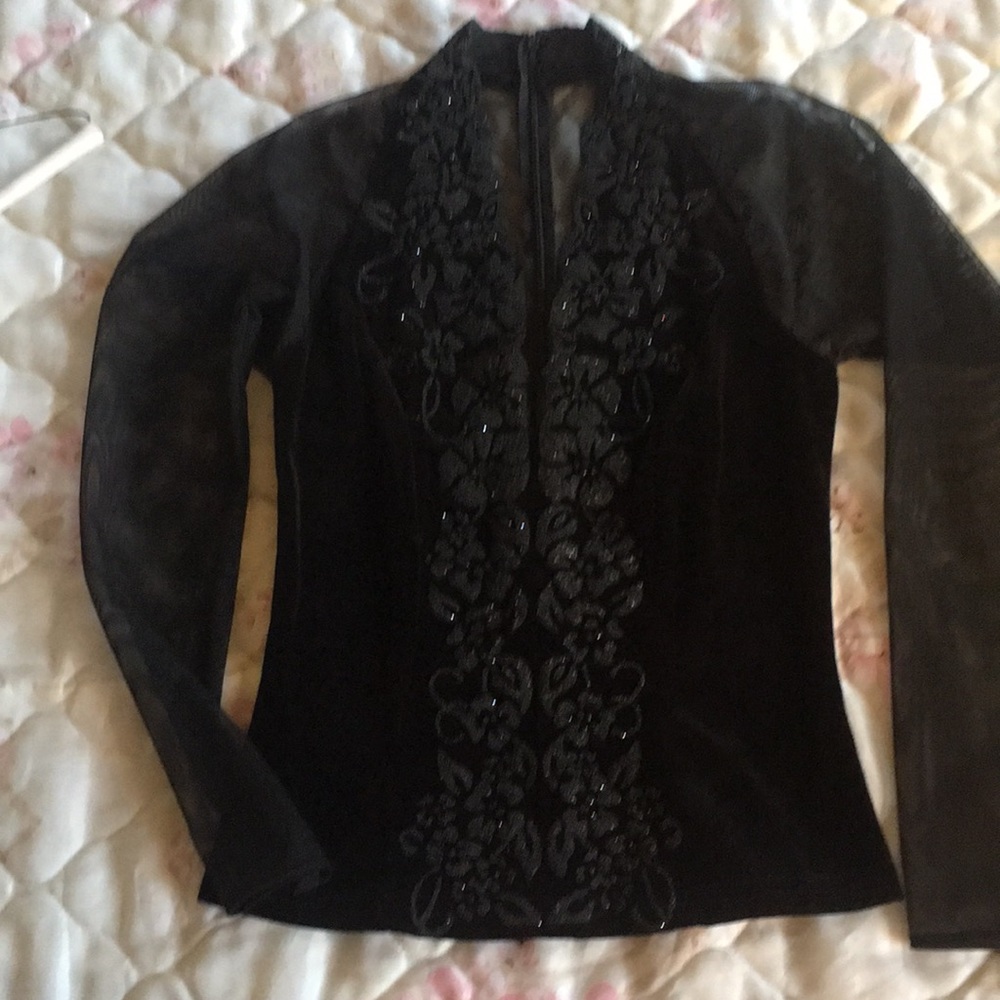 Black velvet long sleeve sheer blouse vintage